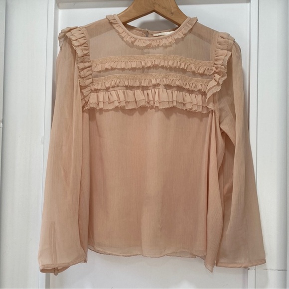 H&M Light Pink Ruffle Lace Trim Chiffon Blouse Size 4 - Picture 1 of 4